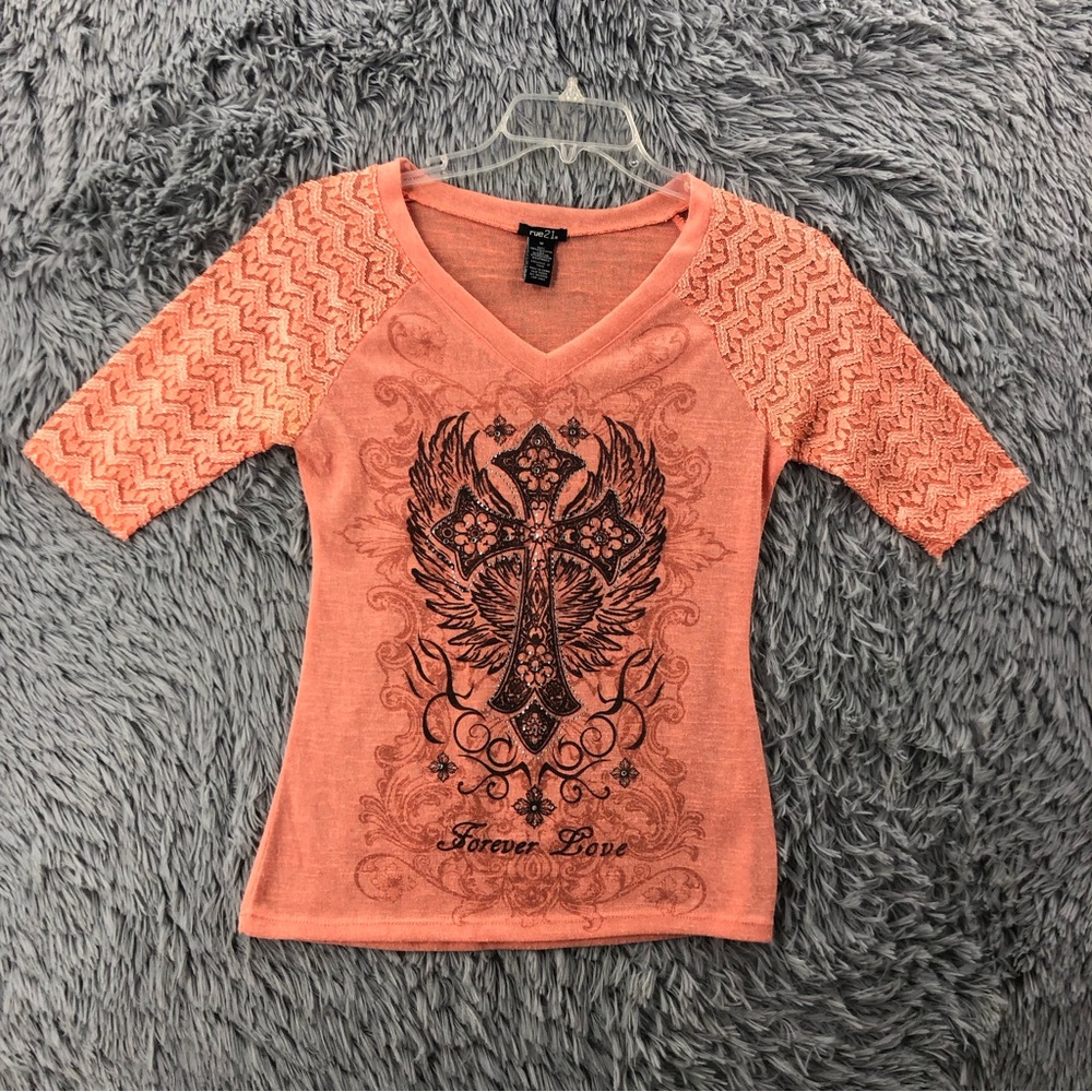 Rue21 Shirt Womens Medium Cross Embellished Wing Vneck Lace Sleeves Top